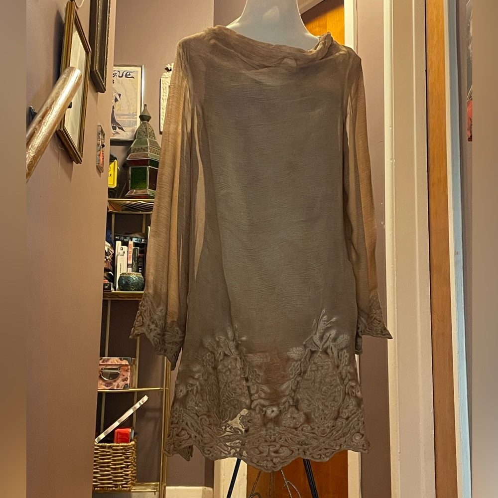Soft Surroundings Taupe Long-Sleeve Embroidered Sheer Tunic Dress